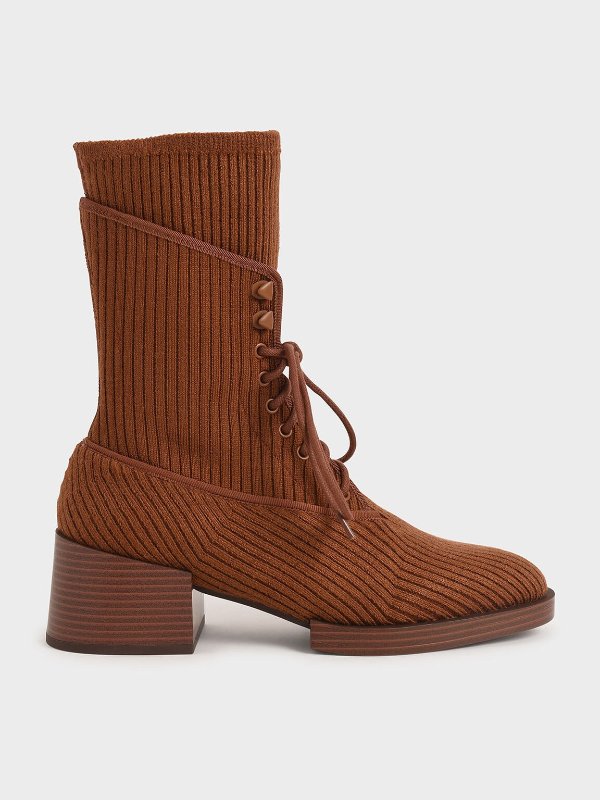 Brick Knitted Lace-Up Ankle Boots