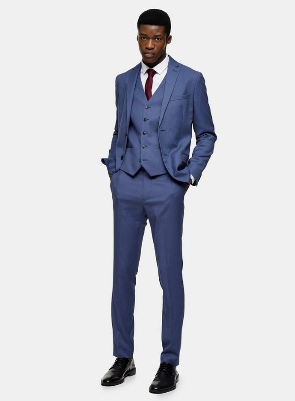 Blue Skinny Fit Single Breasted Suit Blazer With Notch Lapels
