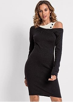 Open Shoulder Sweater Dress - Black & White | VENUS
