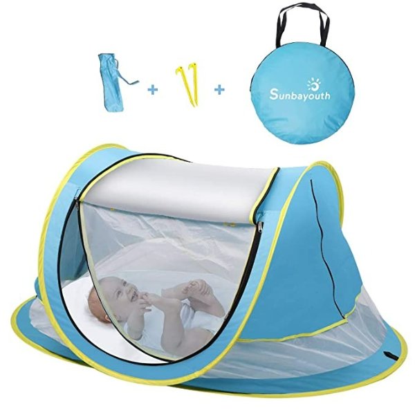 SUNBA YOUTH Baby Tent, Portable Baby Travel Bed, UPF 50+ Sun Shelters for Infant, Pop Up Beach Tent, Baby Travel Crib with Mosquito Net, Sun Shade (Blue)