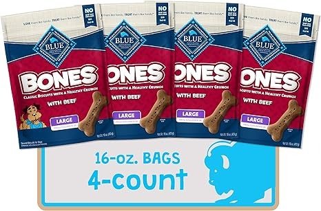 Bones Natural Crunchy Dog Treats, Large Dog Biscuits, Beef (16-oz bag, 4 count)