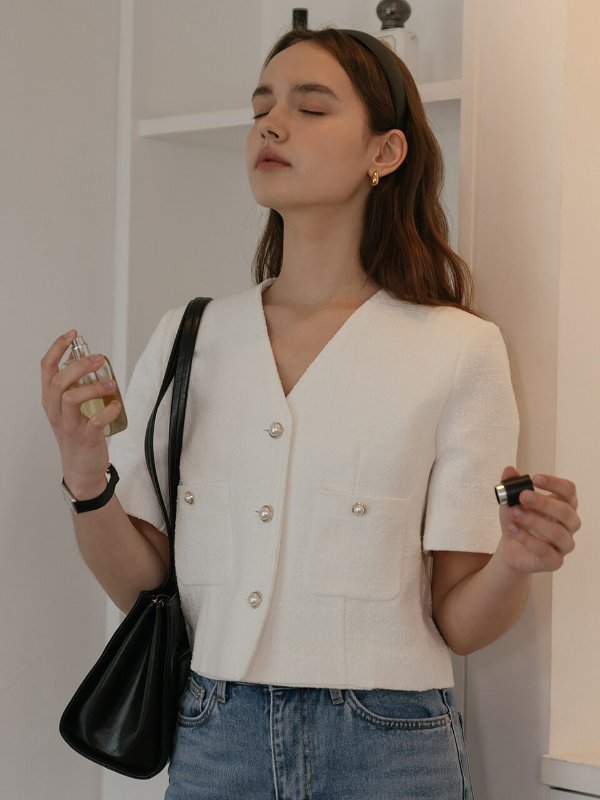 Collarless Pearl Button Summer Tweed Jacket _White