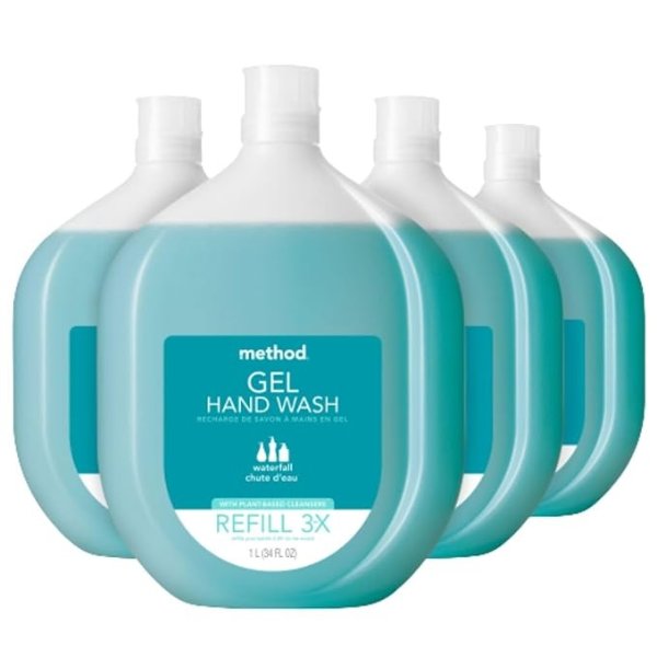 Gel Hand Soap Refill, Waterfall, Recyclable Bottle, Biodegradable Formula, 34 oz (Pack of 4)