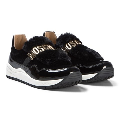 Black Patent and Faux Fur Logo Trainers | AlexandAlexa