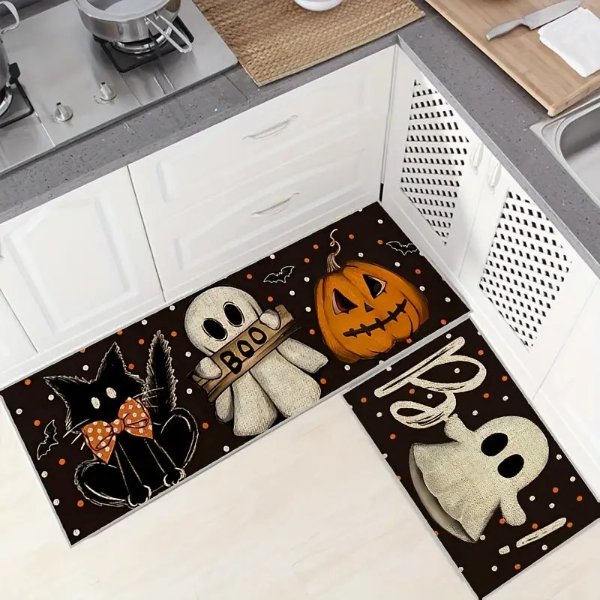 1pc Halloween Kitchen Floor Mat, Soft Anti Fatigue Kitchen Mat, Anti Slip And Waterproof Kitchen Mat, Seasonal Halloween Holiday Party, Home Decoration, Suitable For Kitchen, Floor, Laundry, Office Waterproof Kitchen Mat