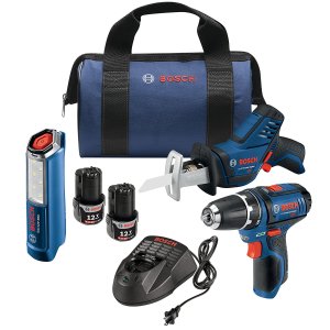 Today Only:Bosch GXL12V-310B22 12V Max 3-Tool Combo Kit with 3/8 In. Drill/Driver, Pocket Reciprocating Saw and LED Worklight