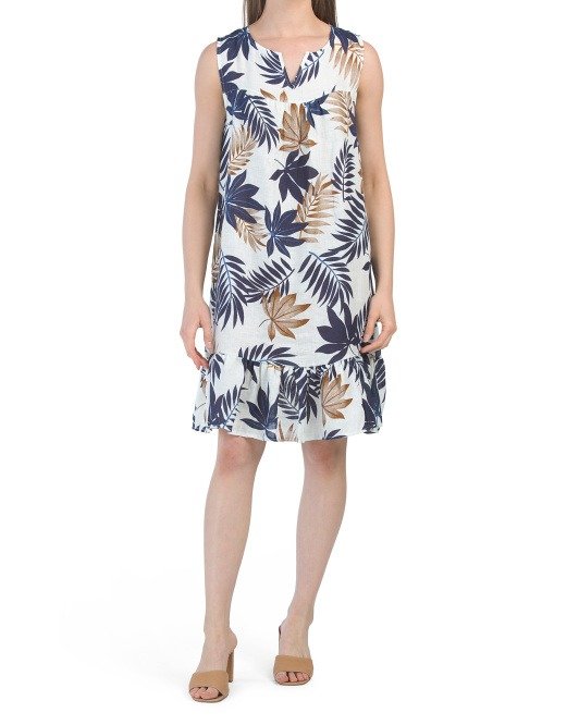 Made In Italy Linen V-neck Tropical Print Dress
