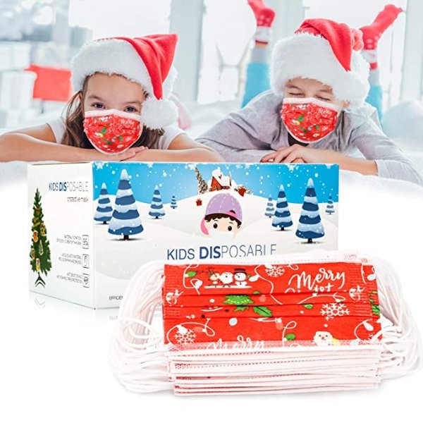 Kids Christmas Face Mask, Cute Red Christmas Masks for kids Disposable Face Mask With Nose Wire Holiday Face Masks Childrens Mask Boys Girls Paper Masks (50pcs Red)