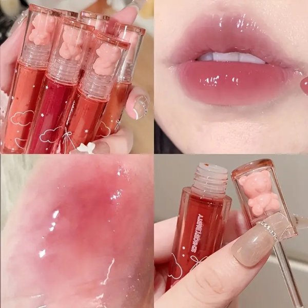 6 Color Lip Glaze, Cute Little Bear, Mirror Gloss, Jelly Lips With Sparkling Light Dew Water, Long-lasting Stain Resistant Transparent Film Forming Lip Gloss, Full Lip Color Valentine's Day Gifts