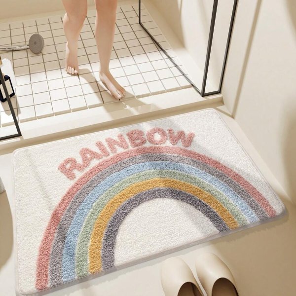 Flannel Polyester Rainbow Pattern Cartoon Style Soft Water Absorbent Slip-Resistant Bathroom Rug With Tpr Bottom, Easy To Clean, Machine Washable - 1pc, Perfect For Sink, Bathtub, Toilet