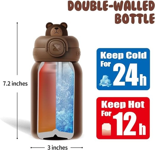 Zoy zoii Kids Water Bottle, Stainless Steel Insulated with Straw, Brown Bear Shape 15 oz Cup Suitable for Boy and Girl
