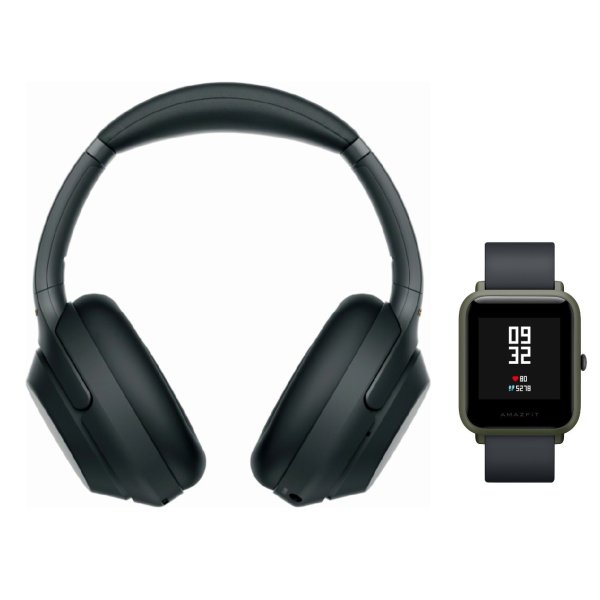 WH-1000XM3 Wireless Headphones (Black) with Amazfit Bip (Kokoda Green)