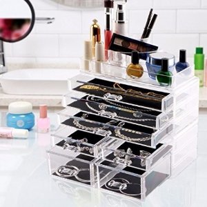 Bestrice Acrylic Makeup Organizer Jewelry Display Boxes Bathroom Storage Case 3 Pieces Set 7 Drawers