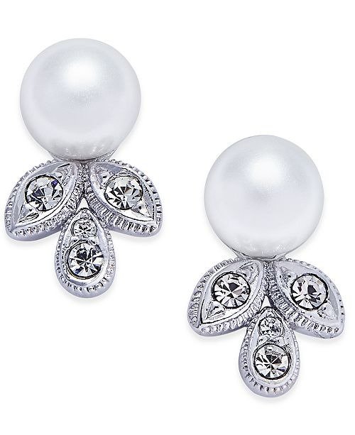Silver-Tone Imitation Pearl and Crystal Stud Earrings, Created for Macy's