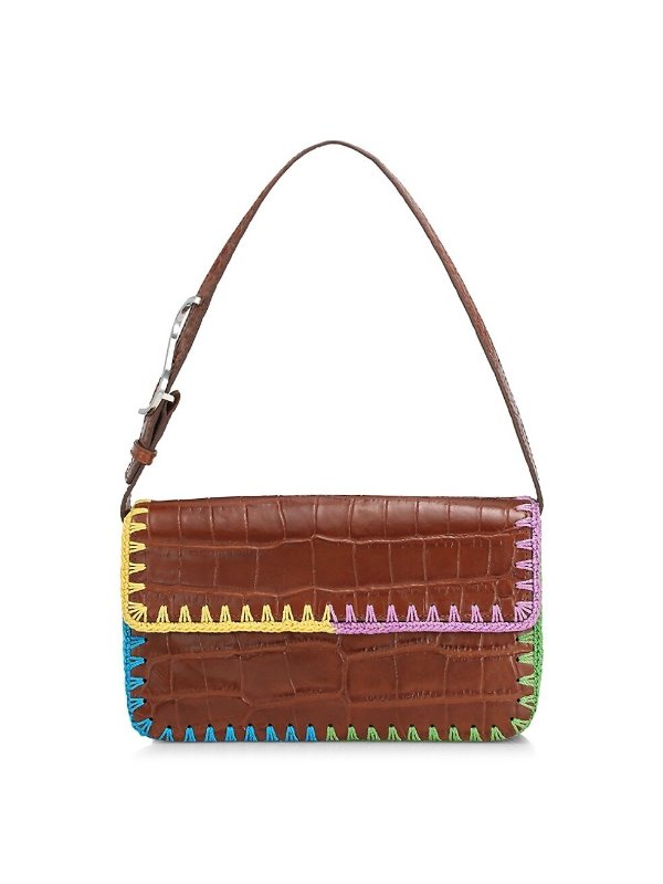 Tommy Crochet-Trimmed Embossed Leather Top Handle Bag