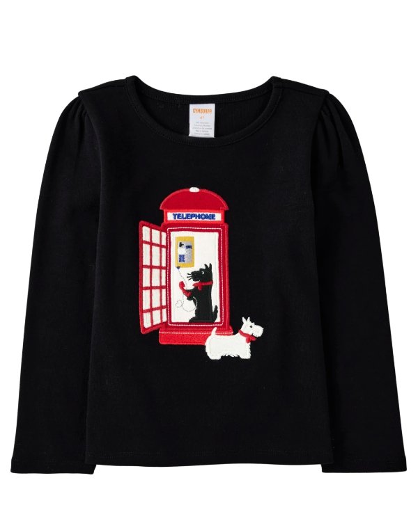Girls Long Sleeve Embroidered Phone Booth Top - London Calling | Gymboree - BLACK