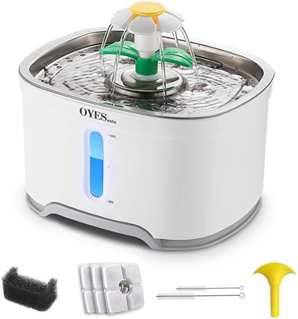 OYESAUTO Cat Water Fountain Dispenser for Cats and Dogs 2.5L Stainless Steel Pet Water Fountain with 3 Replacement Filters&2Brushes