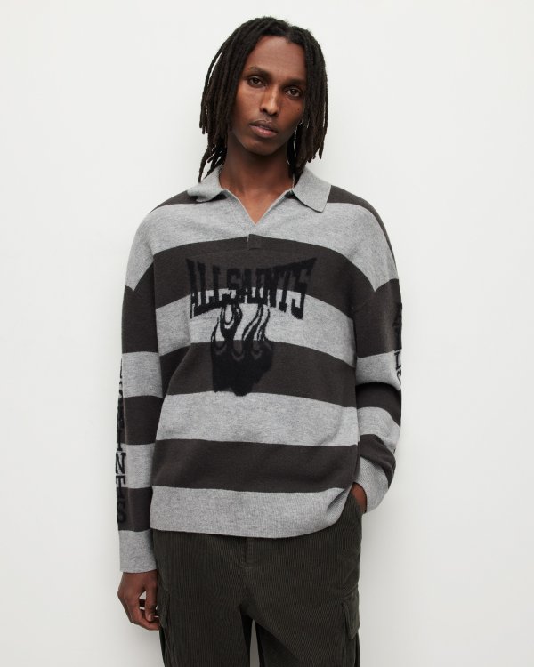 Racer Oversized Striped Polo Sweater GREY MARL/KHAKI | ALLSAINTS US