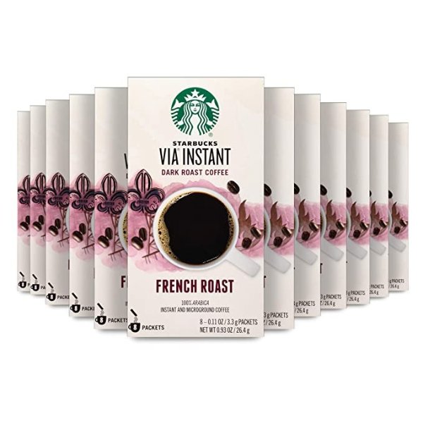 VIA Instant Coffee Dark Roast Packets — French Roast — 100% Arabica - 8 Count (Pack of 12)