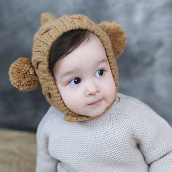 Toddler Woolen Hat Pure Color Winter Twist Double Pom Pom Knitted Beanies Cap