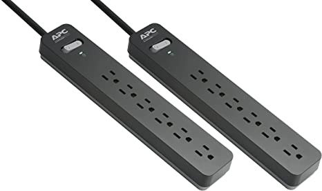 Power Strips with Surge Protection, 2-Pack, APC black Surge Protector PE66DP, 1080 Joule, 6 Outlet Surge Strip