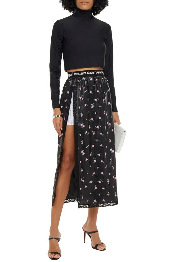 Lace-trimmed coated floral-print satin midi skirt