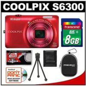 尼康Coolpix S6300 数码相机 (红色) - 工厂翻新，送8GB存储卡 + 相机包 + 脚架 + 及其他附件套装