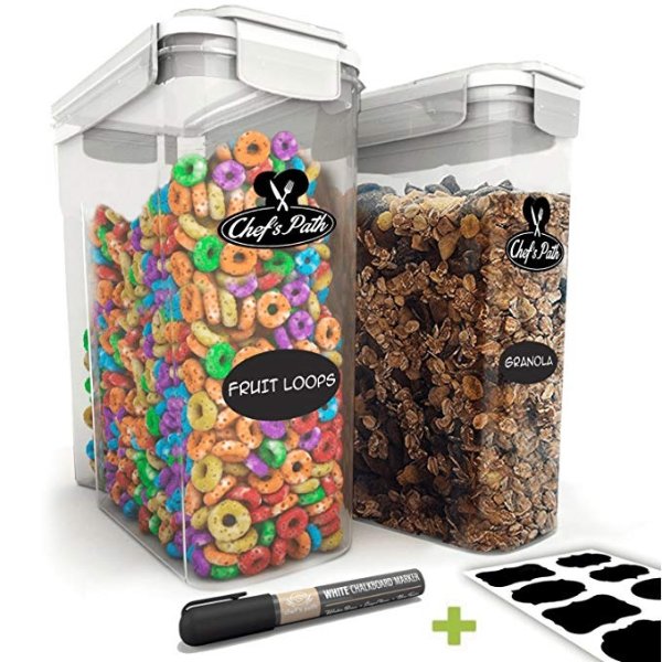 Chef's Path Cereal Storage Container Set - 100% Airtight Best Dry Food Keepers - 8 FREE Chalkboard Labels & Pen - Great for Flour, Sugar & More - BPA Free Dispenser (16.9 Cup 135.2oz) 2-PC