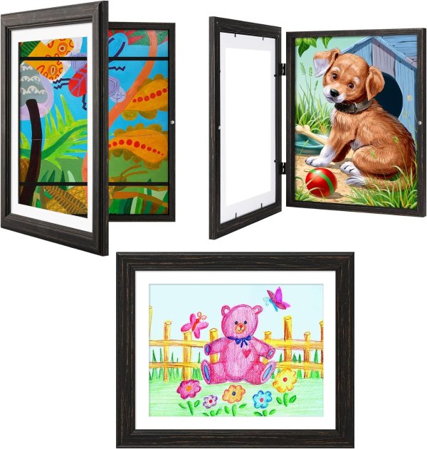 MOUDAMION Kids Art Frames - Retro Black, 8.5x11 With Mat and 10x12.5 Without, Holds 50 Crafts, Drawings, Artwork - Children's Storage Frames, Set of 3