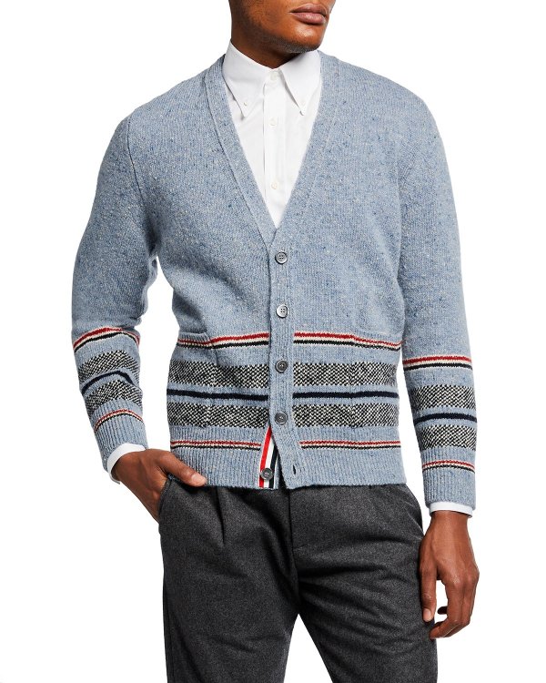 Men's Birdseye Jacquard Cricket-Stripe Cardigan Sweater