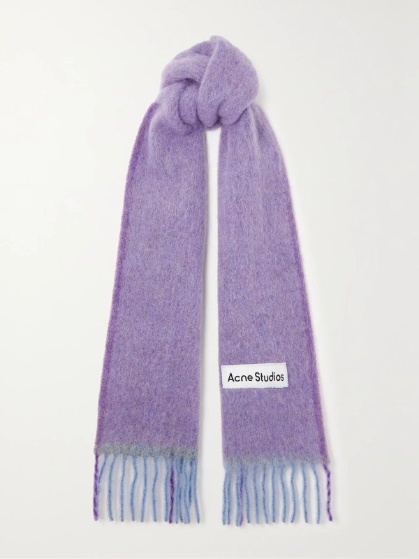 Appliqued fringed knitted scarf