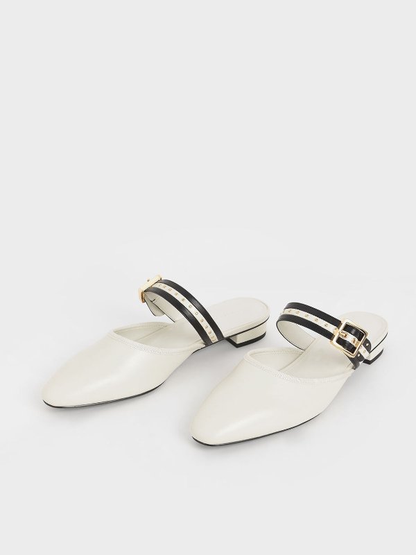 Chalk Studded Round Toe Mules | CHARLES &amp; KEITH