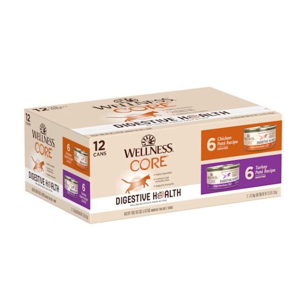 Wellness CORE Digestive Health Chicken & Turkey Pate Variety Pack Wet Cat Food, 3 oz., Count of 12 | Petco
