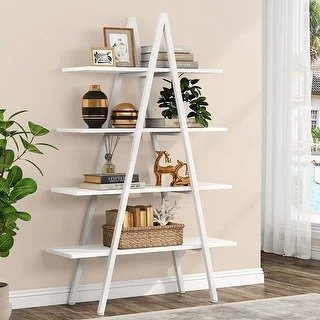 4-Tier Bookshelf Bookcase 4 Shelves Industrial Ladder Shelf, Brown and White