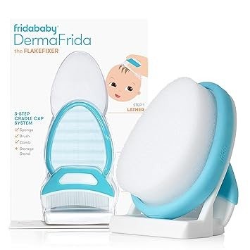 The 3-Step Cradle Cap System by Fridababy | DermaFrida The FlakeFixer | Sponge, Brush, Comb and Storage Stand for Babies with Cradle Cap