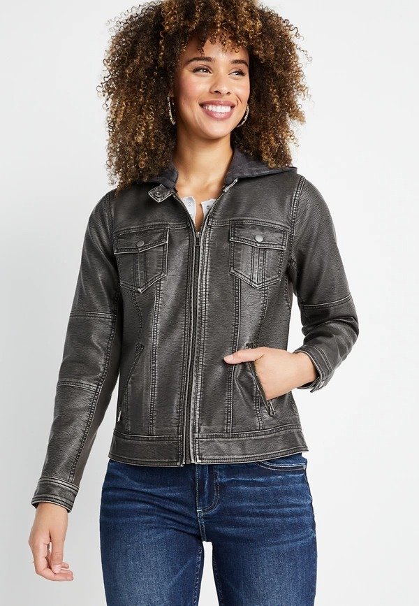 Black Hooded Faux Leather Zip Up Jacket
