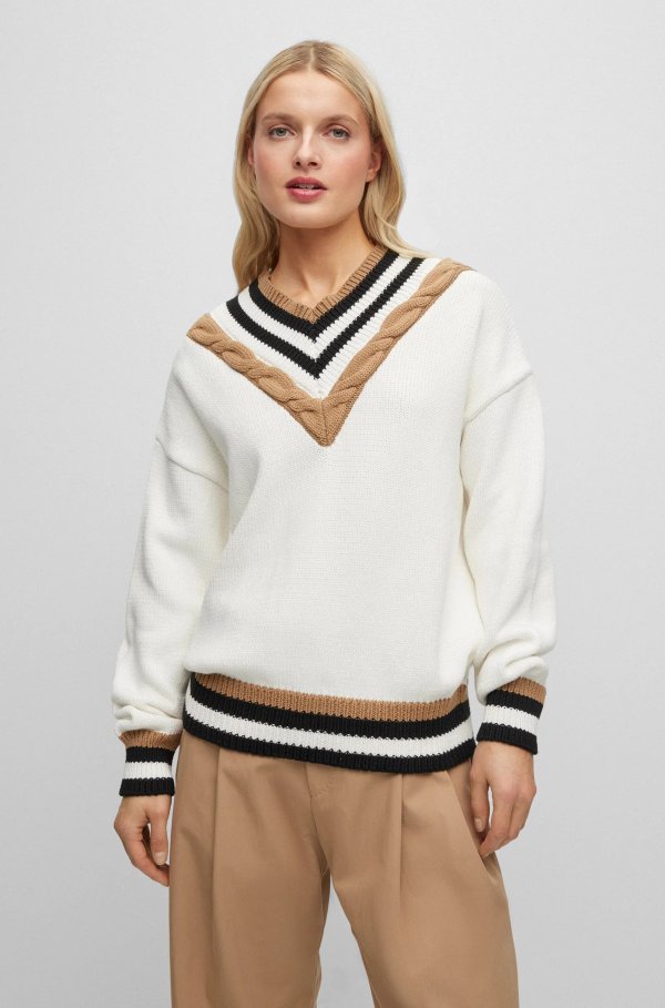 Cotton-blend relaxed-fit sweater with mixed structures