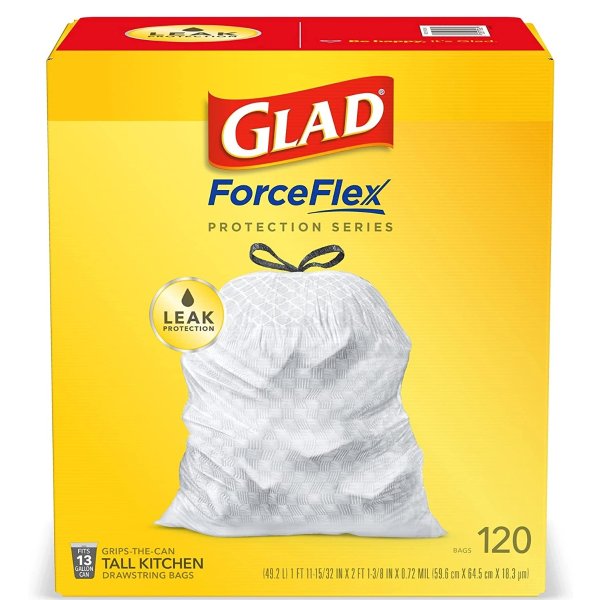 Glad® ForceFlex Tall Kitchen Drawstring Trash Bags, 13 Gallon, Unscented, 120 Count