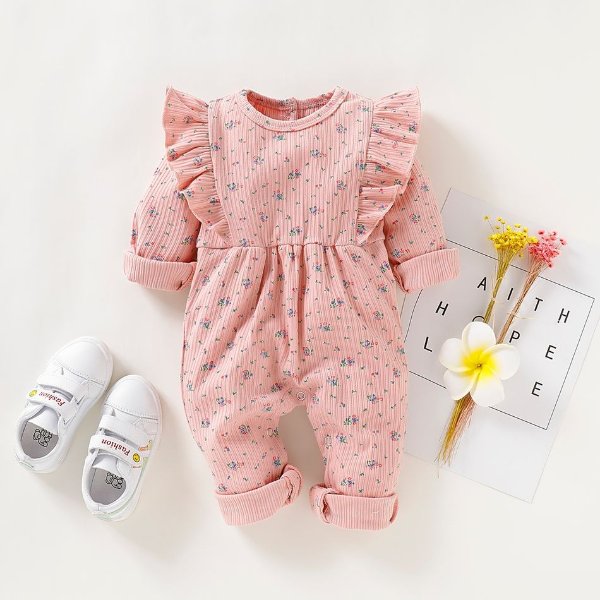 Baby Girl Ruffled Design Floral Allover Long-sleeve Jumpsuit