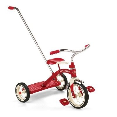 34TX Kids Beginner Classic Steel Framed 10 Inch Front Wheel Adjustable Seat Tricycle with 3 Position Push Handle, Red