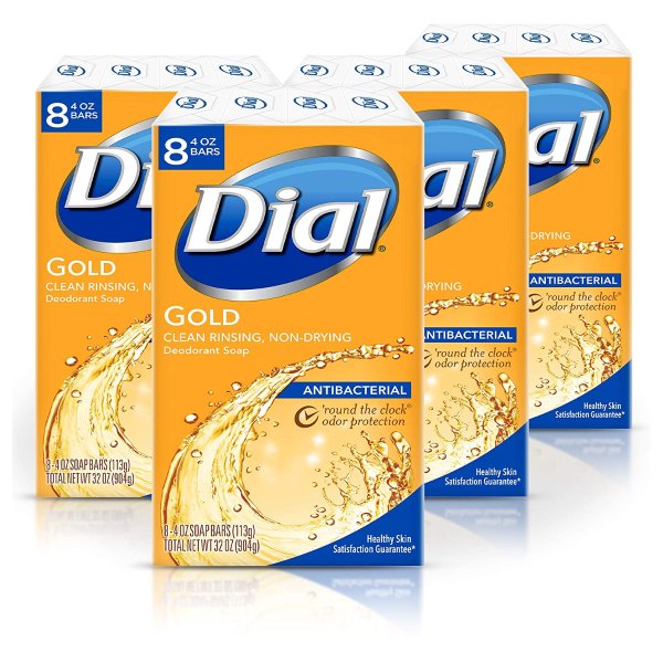Dial Antibacterial Bar Soap, Gold, (Each 8 Count of 4 oz Bars) 128 Ounce (Pack of 4)