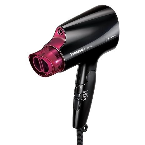 nanoe Compact Hair Dryer for Healthy-Looking Hair, 1400W Portable Hair Dryer with Folding Handling and QuickDry Nozzle for Fast Drying – EH-NA27-K (Black/Pink)