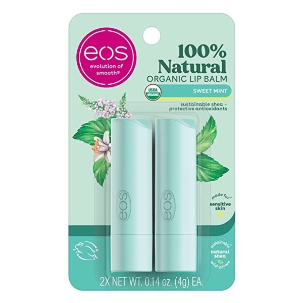 100% Natural & Organic Lip Balm Sticks- Sweet Mint, All-Day Moisture, Dermatologist Recommended for Sensitive Skin, 0.14 oz, 2-Pack