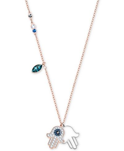 Two-Tone Multi-Crystal Hamsa Hand Pendant Necklace
