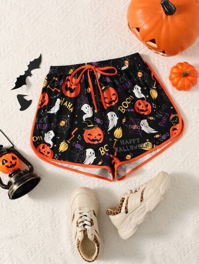 Halloween Print Drawstring Waist Shorts