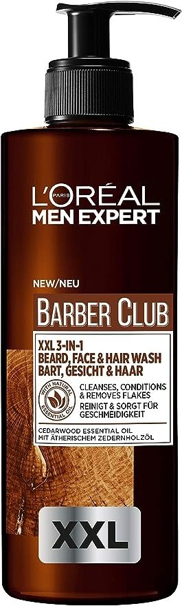 Expert, Barber Club 男士胡须、面部和洗发水，富含雪松油，XXL 号 [400 毫升]，胡须和面部清洁剂