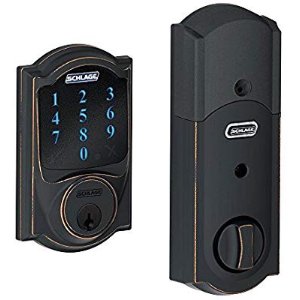 Schlage Z-Wave Connect Camelot Touchscreen Deadbolt with Built-In Alarm, Aged Bronze, BE469 CAM 716, Works with Alexa via SmartThings, Wink or Iris @ Amazon