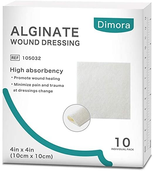 Calcium Alginate Wound Dressing, 4'' x 4'' Patches,10 Individual Sterile Pads, Soft and Highly Absorbent Dressing Gauze, Non-Stick Padding