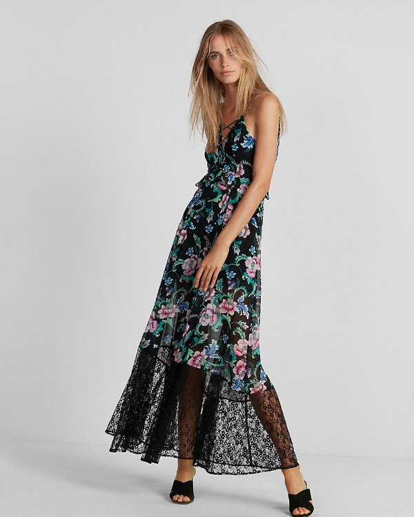 Floral Strappy Lace-up Maxi 连衣裙