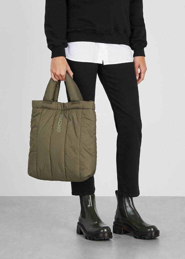 mania army green quilted nylon tote